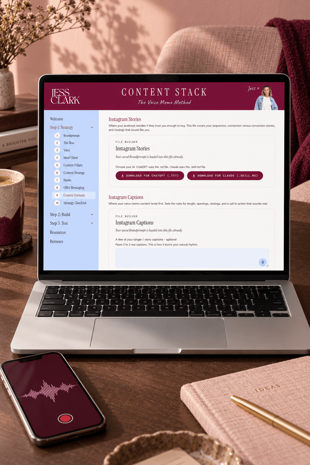 The Voice Memo Method on a laptop beside a phone ready to record a voice memo