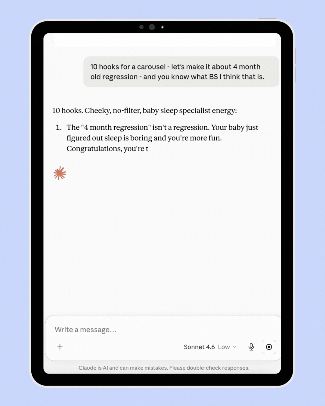 The same prompt asked of an AI loaded with your Brandprompt. Specific, on brand, sounds like you.
